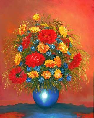 Blumenstillleben  vom Kunstmaler Hugo Reinhart >>Blumenstrau in blauer Vase<<