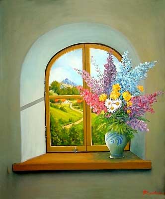 Blumenstillleben  vom Kunstmaler Hugo Reinhart >>Fensterbild Wachtkppelsommer <<
