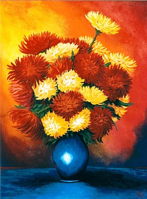 Blumengemlde vom Kunstmaler Hugo Reinhart >>Chrysanthemen in blauer Vase,<<