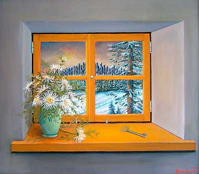 Blumenstillleben  vom Kunstmaler Hugo Reinhart >>Fensterbild Steinwandwinter<<