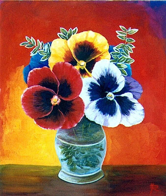 Blumengemlde vom Kunstmaler Hugo Reinhart >>Stiefmtterchen in Vase<<